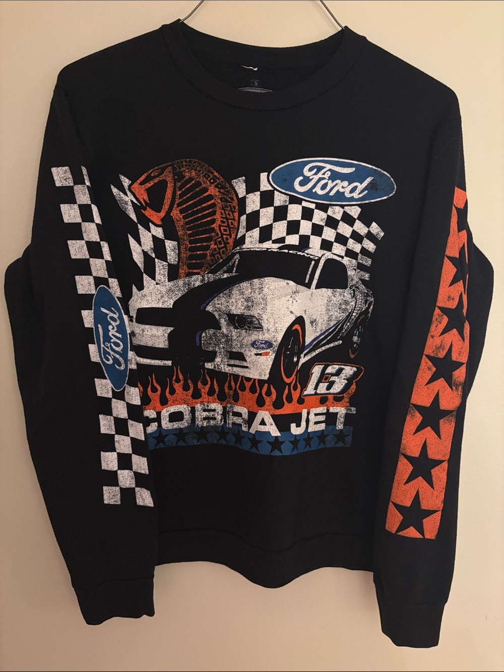 Ford Black Cobra Jet Graphic Crewneck Sweatshirt with Orange Accents